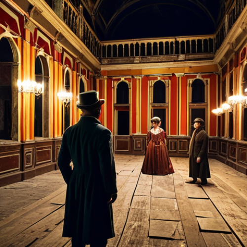 Home 15 **Immersive Theater Experience:** A vibrant, multi-sensory scene inside an old, abandoned palazzo. Spectators are dressed in period clothing, interacting with actors and solving a mystery. Focus on the rich textures of the building and the dramatic lighting.