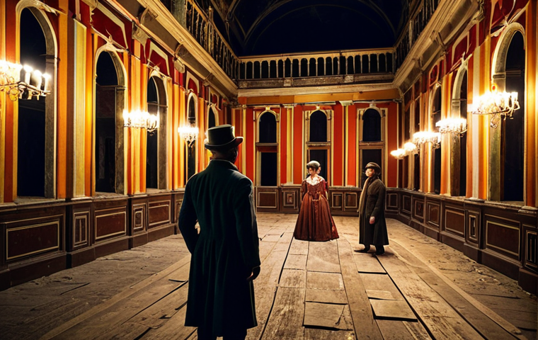 **Immersive Theater Experience:** A vibrant, multi-sensory scene inside an old, abandoned palazzo. Spectators are dressed in period clothing, interacting with actors and solving a mystery. Focus on the rich textures of the building and the dramatic lighting.
