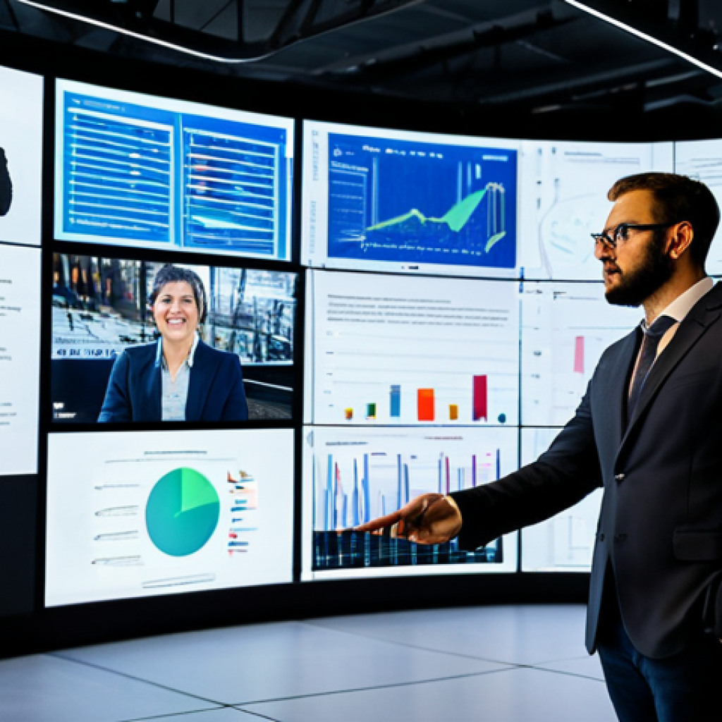 A diverse group of professional event organizers and tech specialists, fully clothed in modern business attire, collaborating in a sophisticated event control center. Large, curved screens display dynamic data visualizations and interactive augmented reality projections related to a live performance. One person points to a screen, discussing the immersive experience, reflecting "L'Innovazione Tecnologica al Servizio dell'Emozione Scenica". The atmosphere is innovative and focused, safe for work, appropriate content, fully clothed, professional, modest clothing, perfect anatomy, correct proportions, natural pose, well-formed hands, proper finger count, natural body proportions, high-quality professional photography.