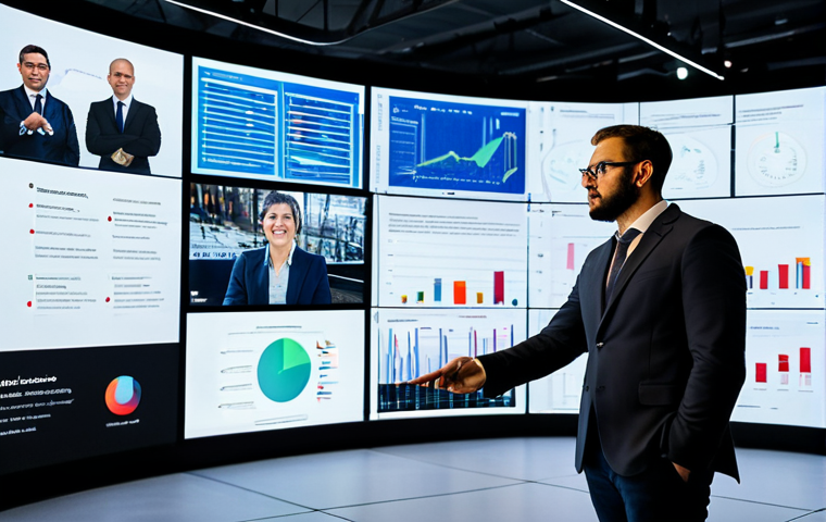 A diverse group of professional event organizers and tech specialists, fully clothed in modern business attire, collaborating in a sophisticated event control center. Large, curved screens display dynamic data visualizations and interactive augmented reality projections related to a live performance. One person points to a screen, discussing the immersive experience, reflecting "L'Innovazione Tecnologica al Servizio dell'Emozione Scenica". The atmosphere is innovative and focused, safe for work, appropriate content, fully clothed, professional, modest clothing, perfect anatomy, correct proportions, natural pose, well-formed hands, proper finger count, natural body proportions, high-quality professional photography.