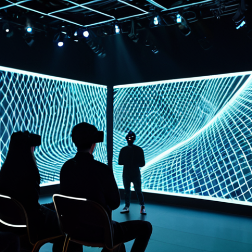 Home 7 A professional, diverse audience wearing modest, appropriate attire, engaging in an immersive, hybrid art performance. The scene features holographic projections interacting with physical performers on a high-tech stage, while some audience members wear sleek VR headsets, experiencing augmented reality effects. The environment is a futuristic, vibrant theater with dynamic lighting. fully clothed, safe for work, appropriate content, perfect anatomy, correct proportions, natural pose, well-formed hands, proper finger count, natural body proportions, professional photography, high quality.