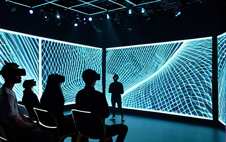 A professional, diverse audience wearing modest, appropriate attire, engaging in an immersive, hybrid art performance. The scene features holographic projections interacting with physical performers on a high-tech stage, while some audience members wear sleek VR headsets, experiencing augmented reality effects. The environment is a futuristic, vibrant theater with dynamic lighting. fully clothed, safe for work, appropriate content, perfect anatomy, correct proportions, natural pose, well-formed hands, proper finger count, natural body proportions, professional photography, high quality.