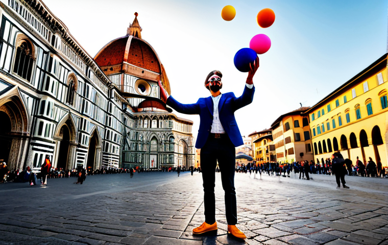 현존 기반 공연 접근법의 평생 학습 기회 - **"A vibrant street performer in Florence, juggling brightly colored objects in front of the Duomo. ...